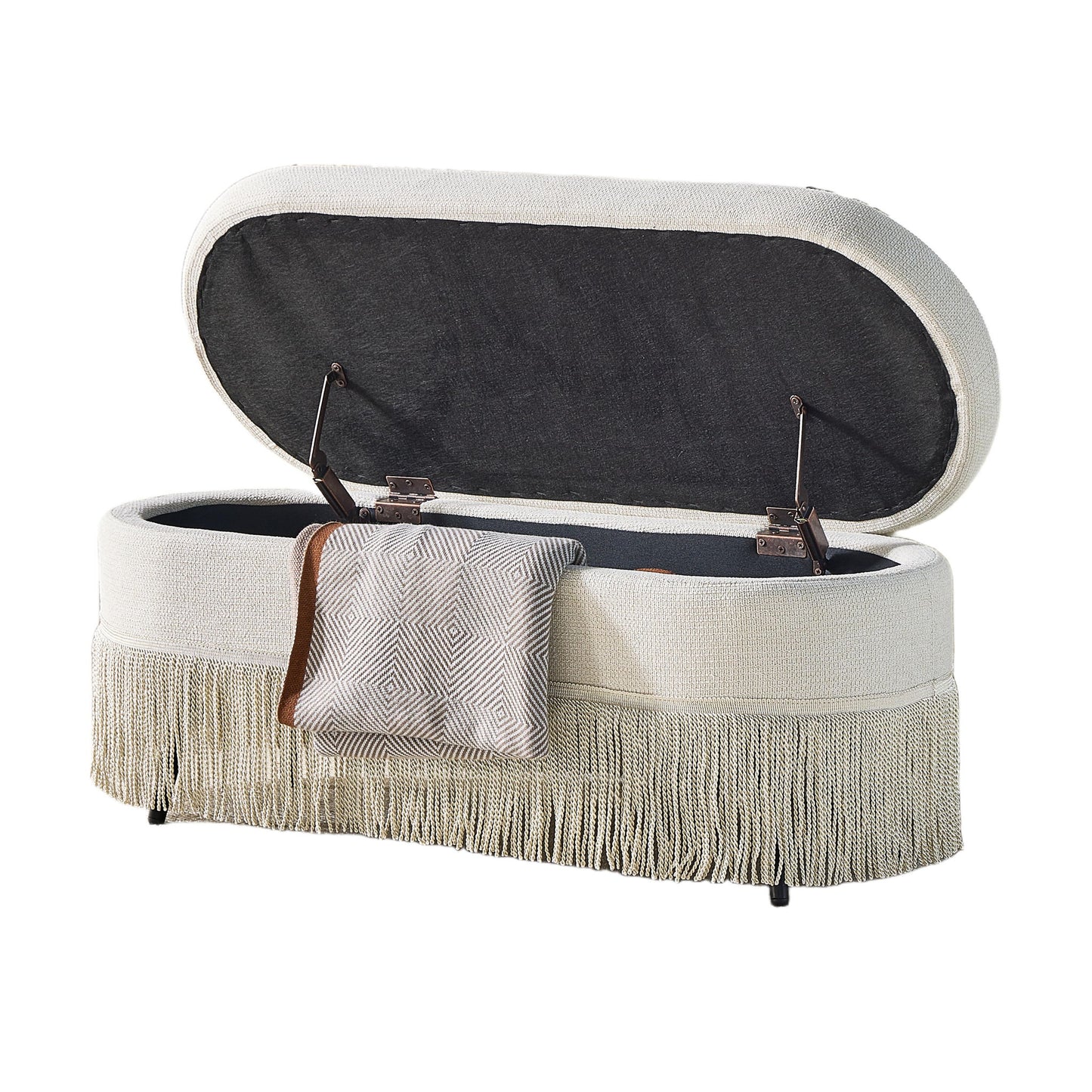 Oval Upholstered Storage Ottoman With Fringe Trim & Lift Top Lid