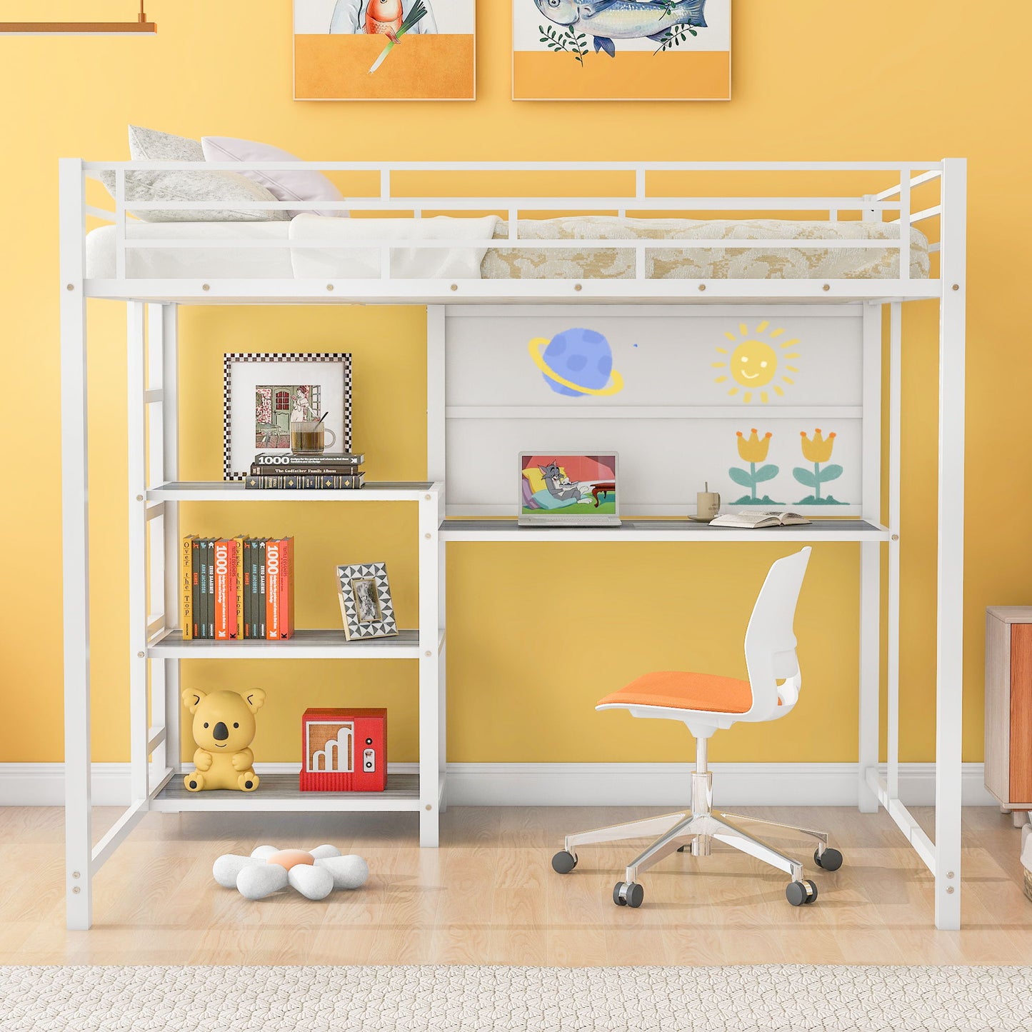 Loft Bed With Desk And Whiteboard, Metal Loft Bed With 3 Shelves And Ladder