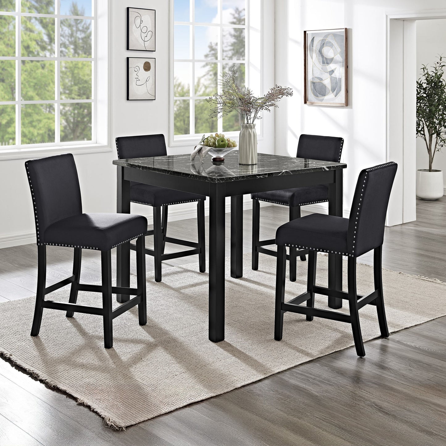 5 Piece Counter Height Dining Set With Table And Upholstered Chairs