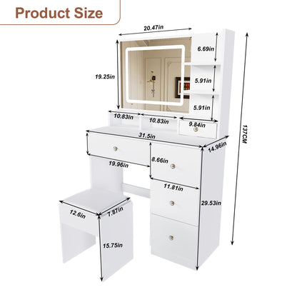 Vanity Desk With Mirror, 3 Color Lighting And Stool