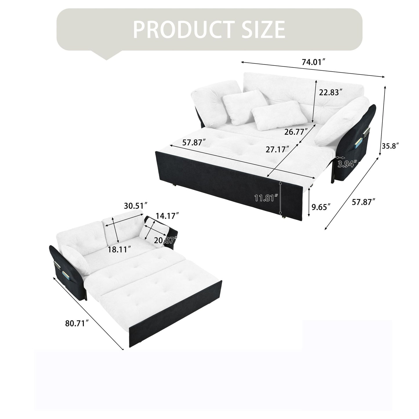 Modern Convertible Sleeper Sofa Bed With Pull-Out Queen Design, Side Storage & Thick Cushions