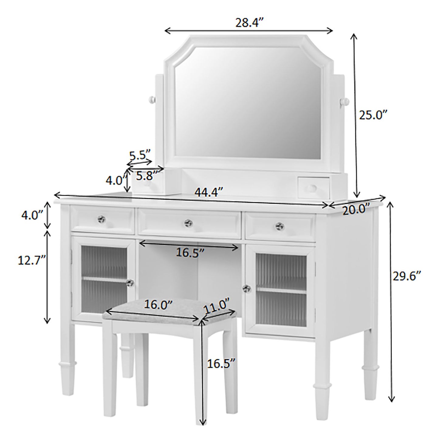 Elegant Makeup Vanity Desk With Adjustable Mirror And Storage And Construction - White