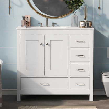 Bathroom Vanity With Ceramic Sink Combo, Abundant Storage Cabinet -2 Soft-Close Doors And 5 Drawers