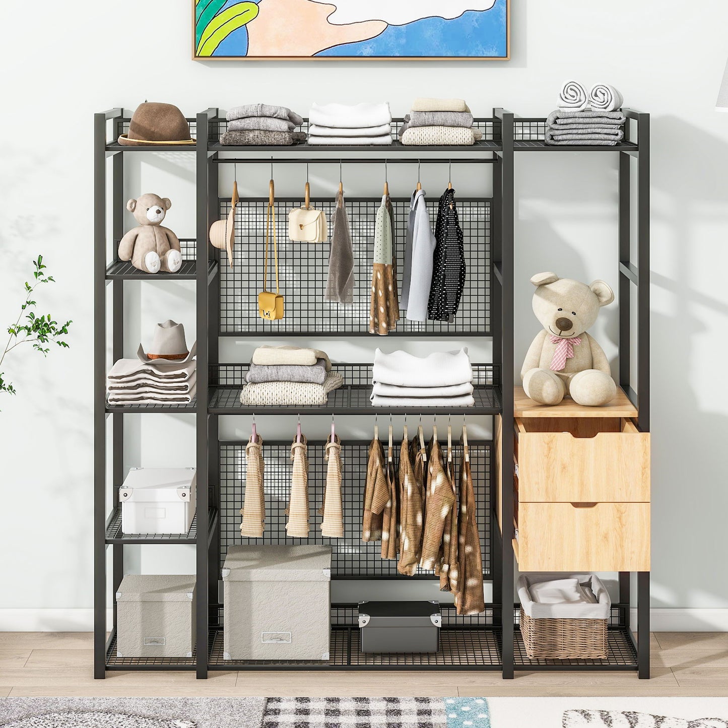 Open Style Wardrobe With Hanging Rails, Shelves And Drawers