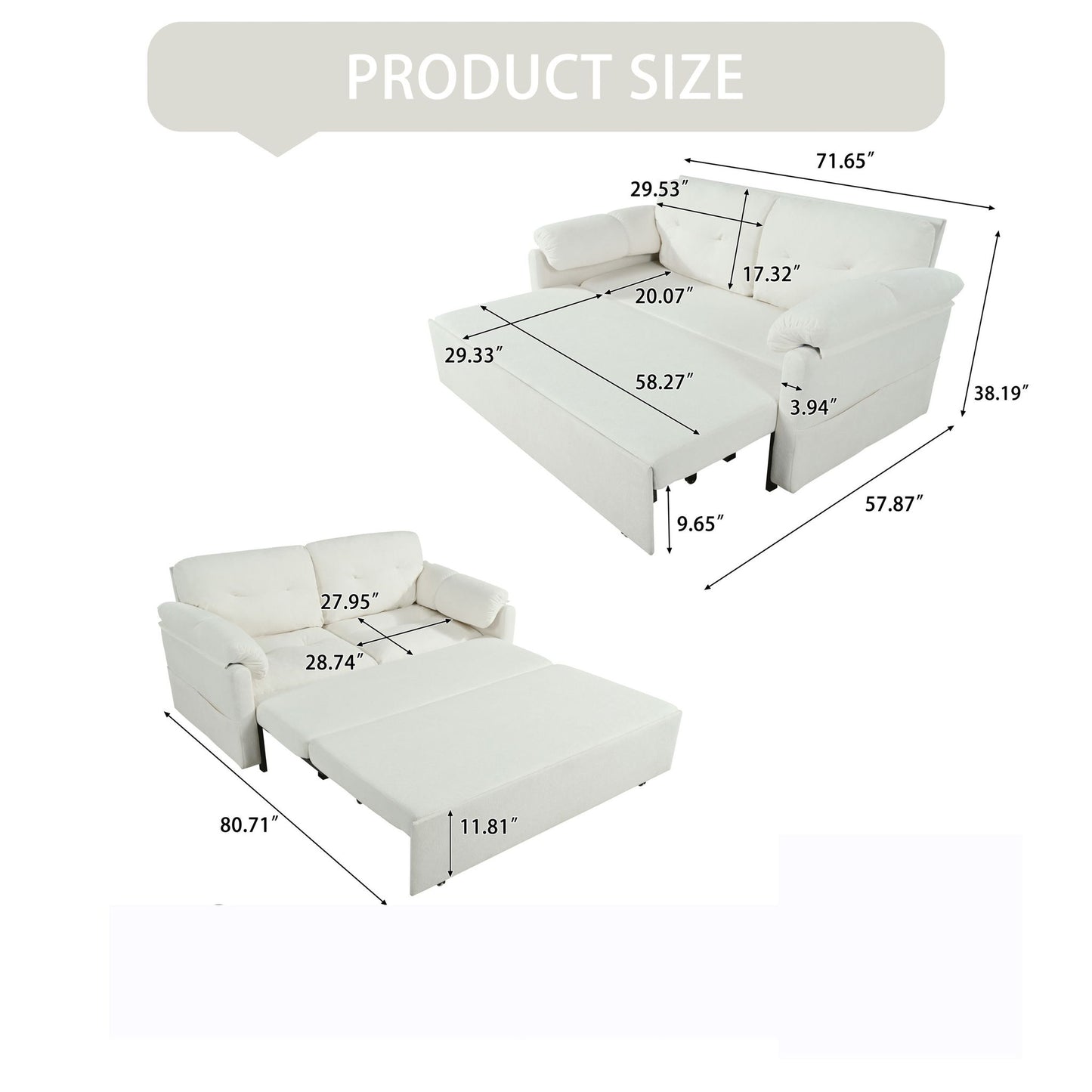 Modern Convertible Sleeper Sofa Bed With Pull-Out Queen Design, Side Storage & Thick Cushions