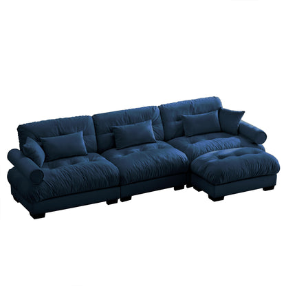 Modern Sectional Sofa With Ottoman, Round Bolster Armrests, Waist And Throw Pillows