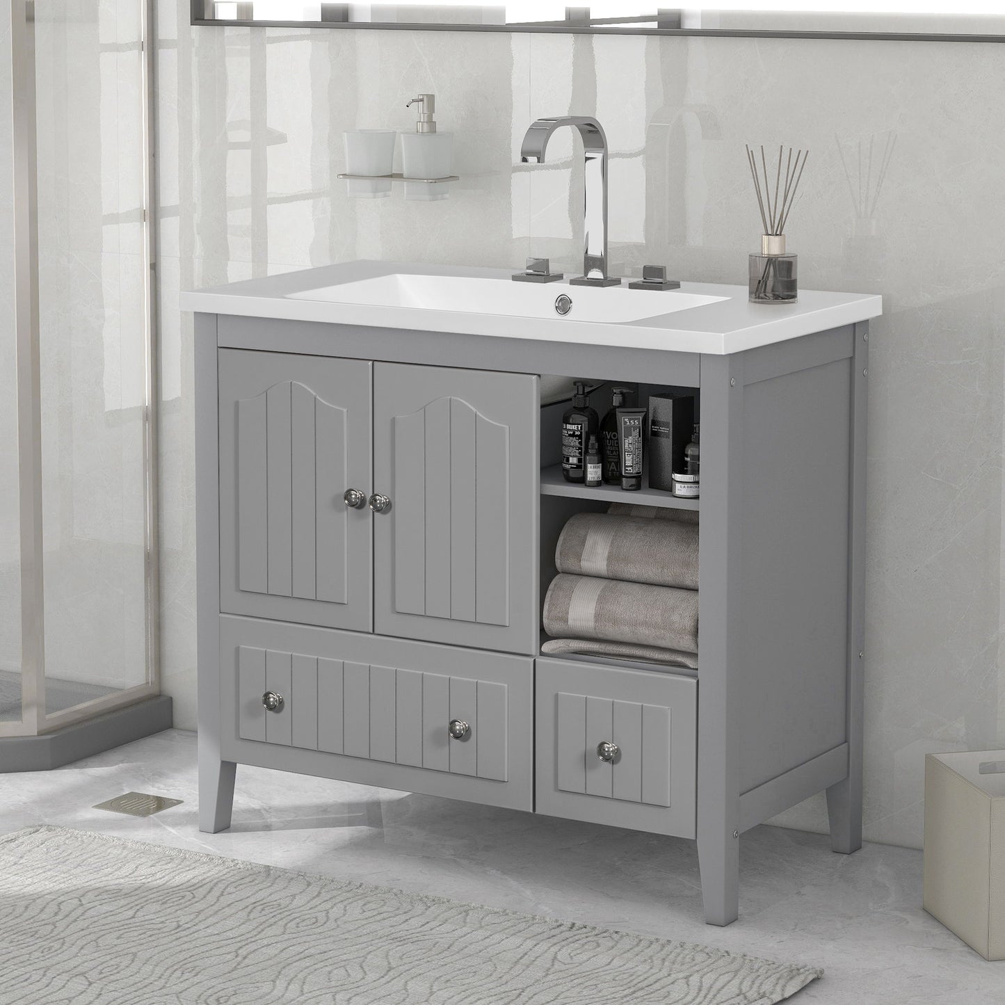 Bathroom Vanity With Ceramic Basin, Bathroom Storage Cabinet With Two Doors And Drawers, Solid Frame, Metal Handles