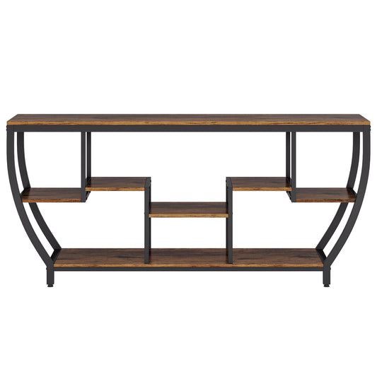 Extra Long Entryway Console Sofa Table With 7 Tier Shelves - Brown / Black