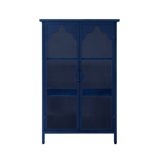 2 Doors Metal Storage Cabinet Display Cabinet With Glass Doors Metal Kitchen Sideboard Buffet Cabinet Glass Storage Cabinet For Dining Room Living Room Bedroom - Dark Blue