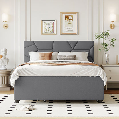 Upholstered Platform Bed With Brick Pattern Headboard And Twin Long Size Trundle