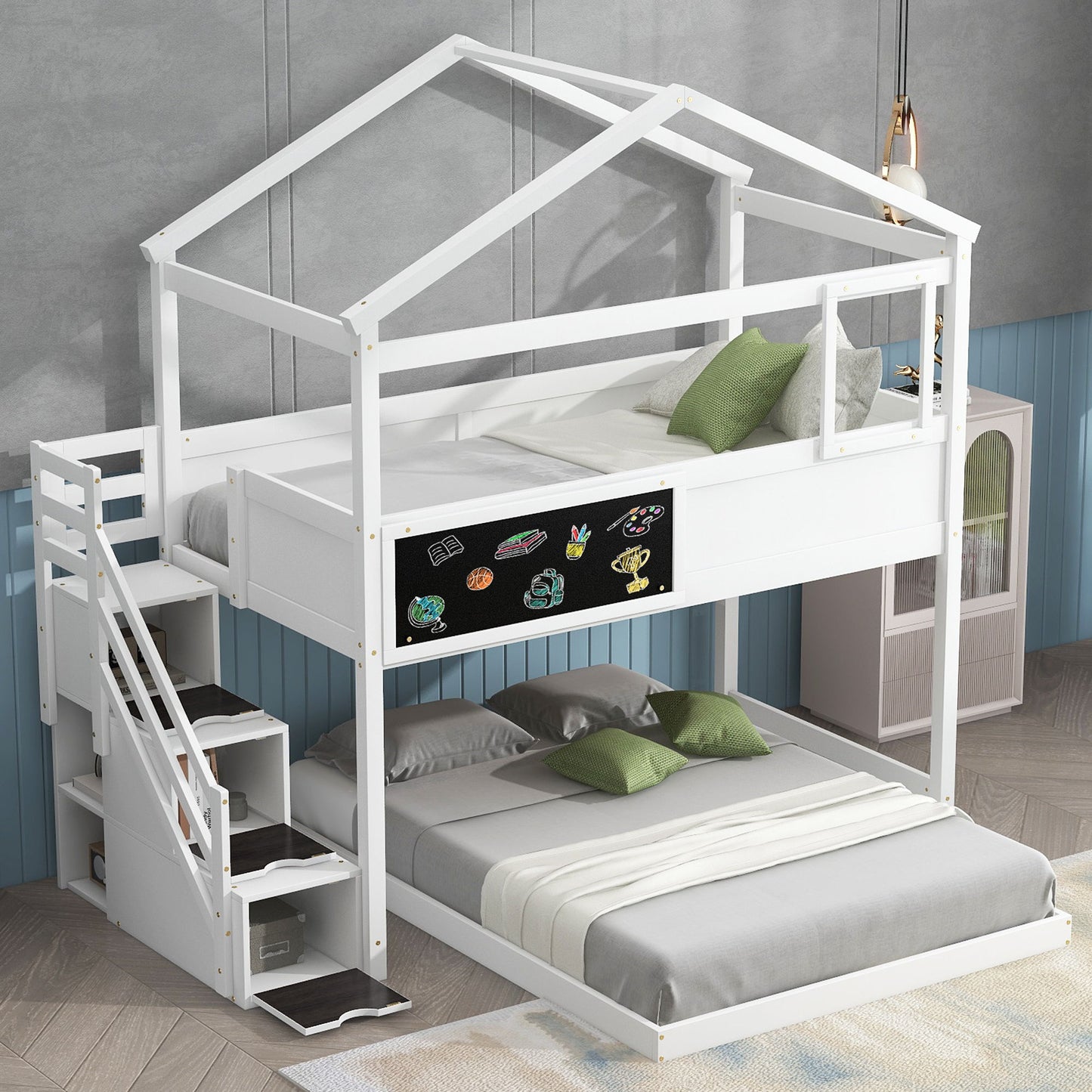 House Style Bunk Bed With Storage Staircase And board