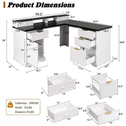 Fluted L-Shaped Desk With Charging Station & Storage Cabinet