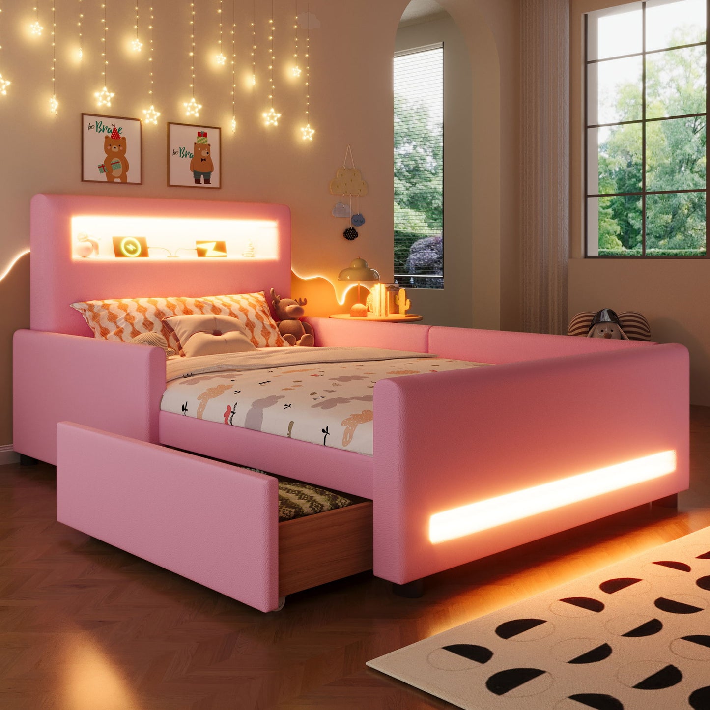 Upholstered Platform Bed With Drawer, LED Light Strip, USB Port