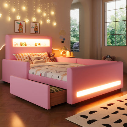 Upholstered Platform Bed With Drawer, LED Light Strip, USB Port