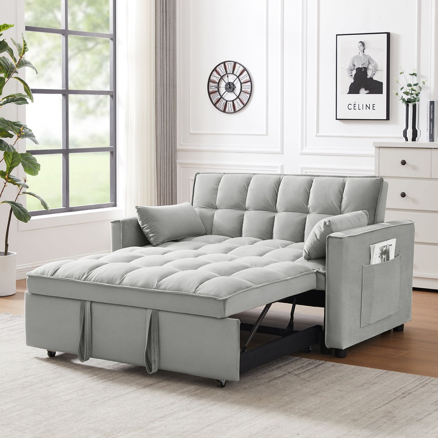 Modern Velvet Convertible Loveseat Futon Sofa With Pullout Bed, Reclining Backrest