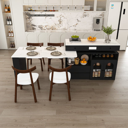 Retro Kitchen Island Set With Chairs, Extendable & Rotating Table, 4 Drawers & Door Cabinets