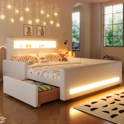 Upholstered Platform Bed With Drawer, LED Light Strip, USB Port