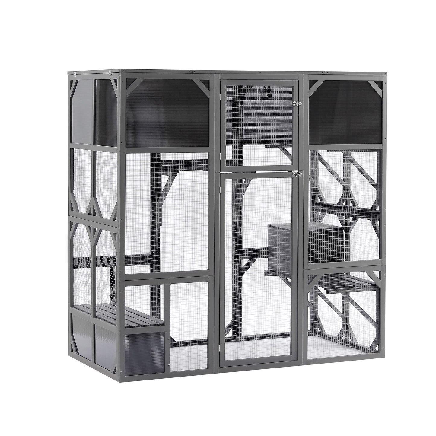 Outdoor Wooden Cat House Catio Enclosure With Super Large Enter Door Cat Kennel With Bouncy Bridge, Platforms And Small Houses Walk In Kitten Cage With Sunshine Board - Dark Gray