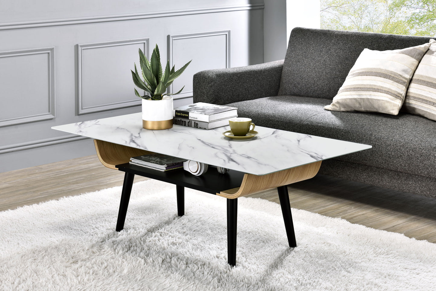 Landon - Coffee Table With Glass Marble Texture Top And Bent Wood Design