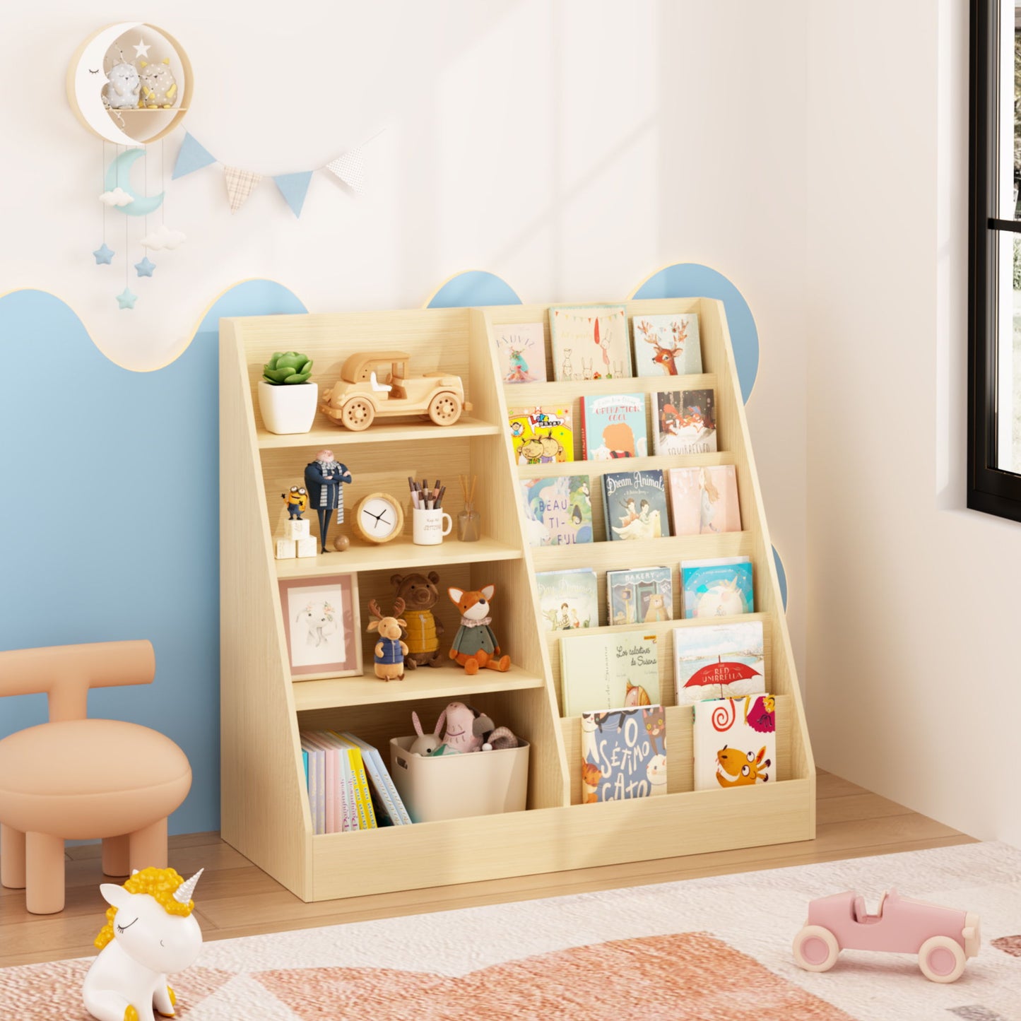 Bookshelf And Toy Storage Organizer, 4 Tier Bookcase With Display Stand For Playroom