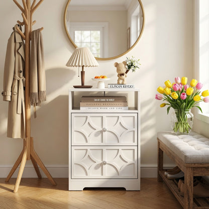 Nightstand With Diamond Carvings Handles, 2 Drawers & Charging Station