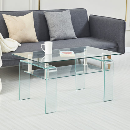 Rectangle Clear Glass Coffee Table, Modern Glass Coffee Table For Living Room, 2 Tier Storage Center Coffee Table, Tempered Glass Tea Table - Transparent