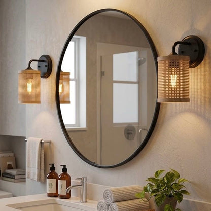 Reef - Single Lights Wall Sconce With Natural Shade Rustic Wicker Wall Light - Black / Rattan