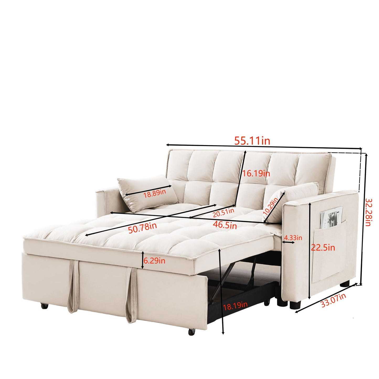 Modern Velvet Convertible Loveseat Futon Sofa With Pullout Bed, Reclining Backrest