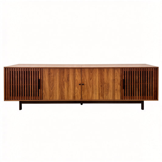 TV Stand, Media Console & Soft Closing Hinges, Adjustable Shelves, Slatted Doors - Walnut