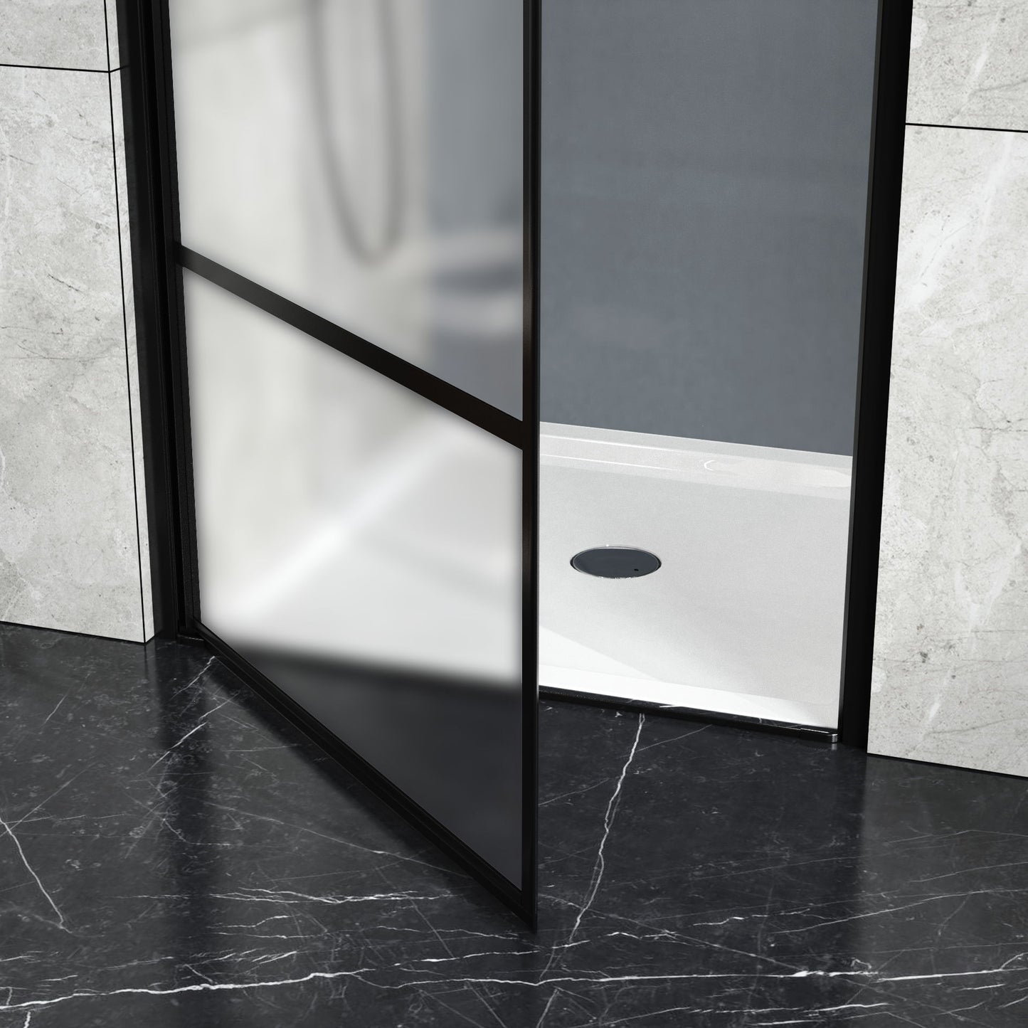 Framed Hinged Shower Door, Swing Tempered Glass Door - Frosted