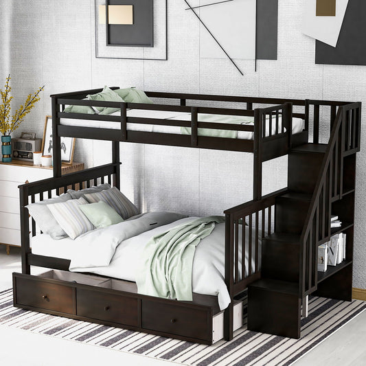 Stairway Bunk Bed With Storage And Guard Rail For Bedroom