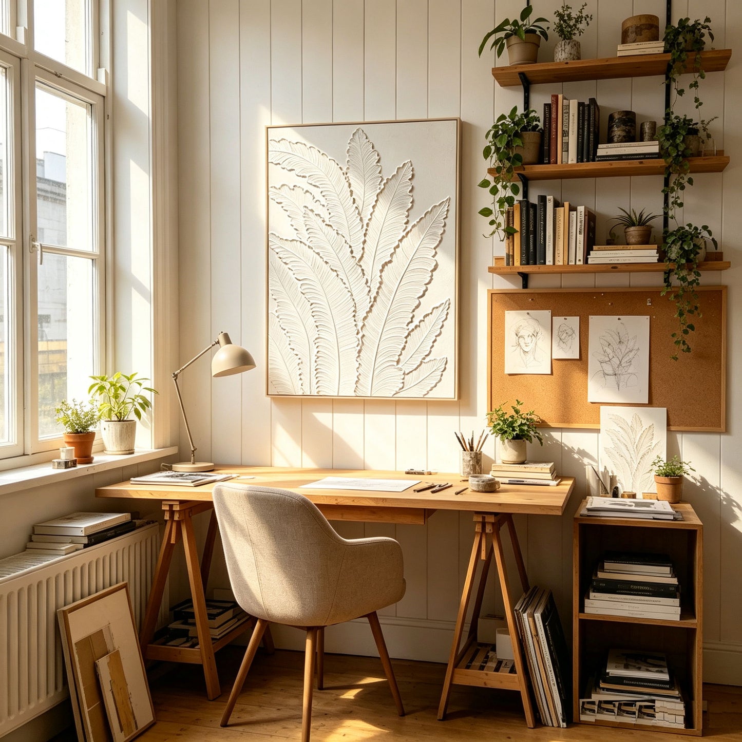 Framed Botanical Leaf Wall Art, Thick Textured Canvas Painting, Neutral Decor For Living Room - White