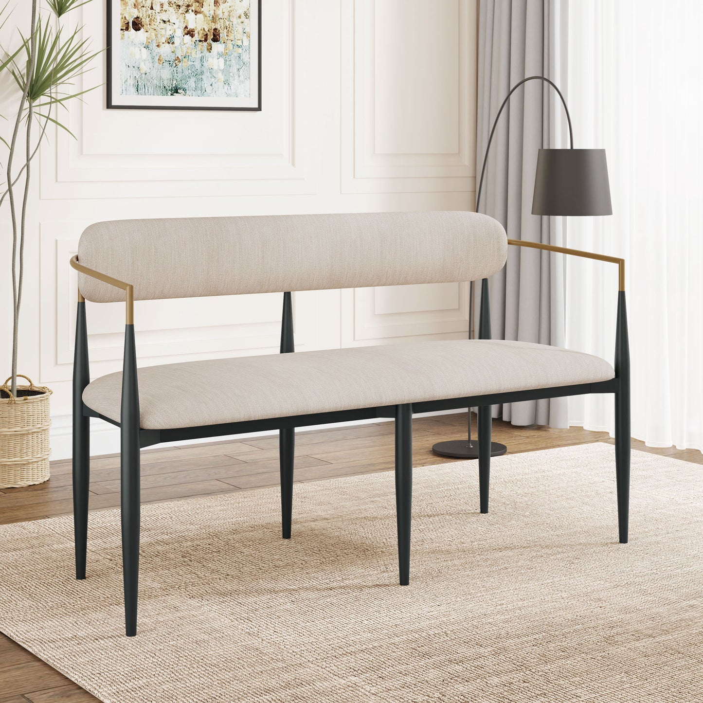 Modern Upholstered Loveseat Settee - Beige / Black / Gold