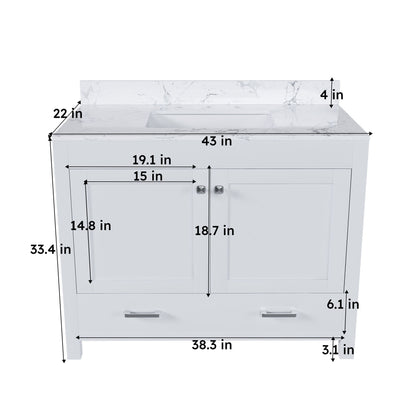 43" Bathroom Vanity With Artificial Marble Carrara Top Set, Multi Functional Bathroom Cabinet With Doors And Drawer - White