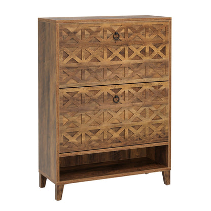 Narrow Shoe Cabinet With 2 Flip Drawers For Entryway Organizer - Rustic Brown