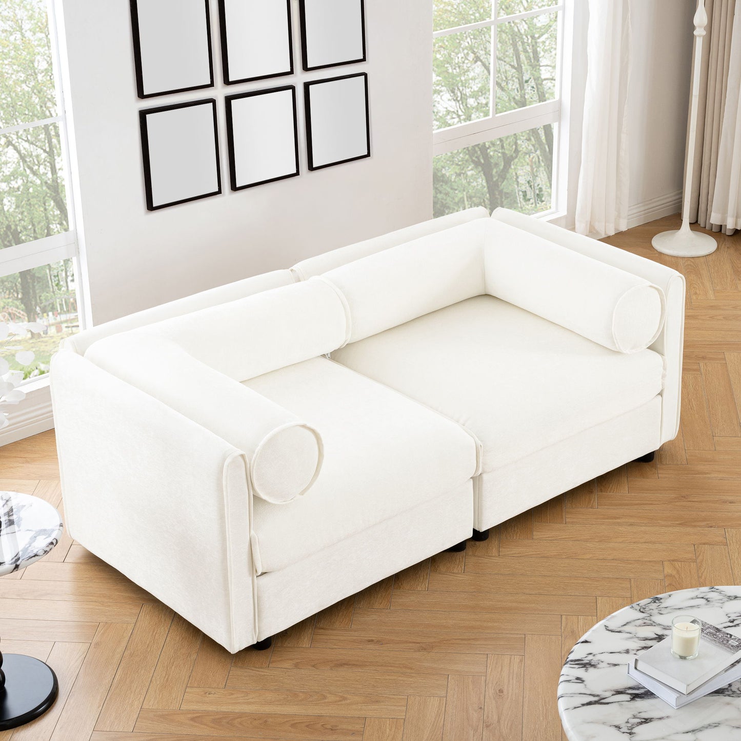 Stylish Chenille Sofa With Storage Seat And Cylindrical Backrest