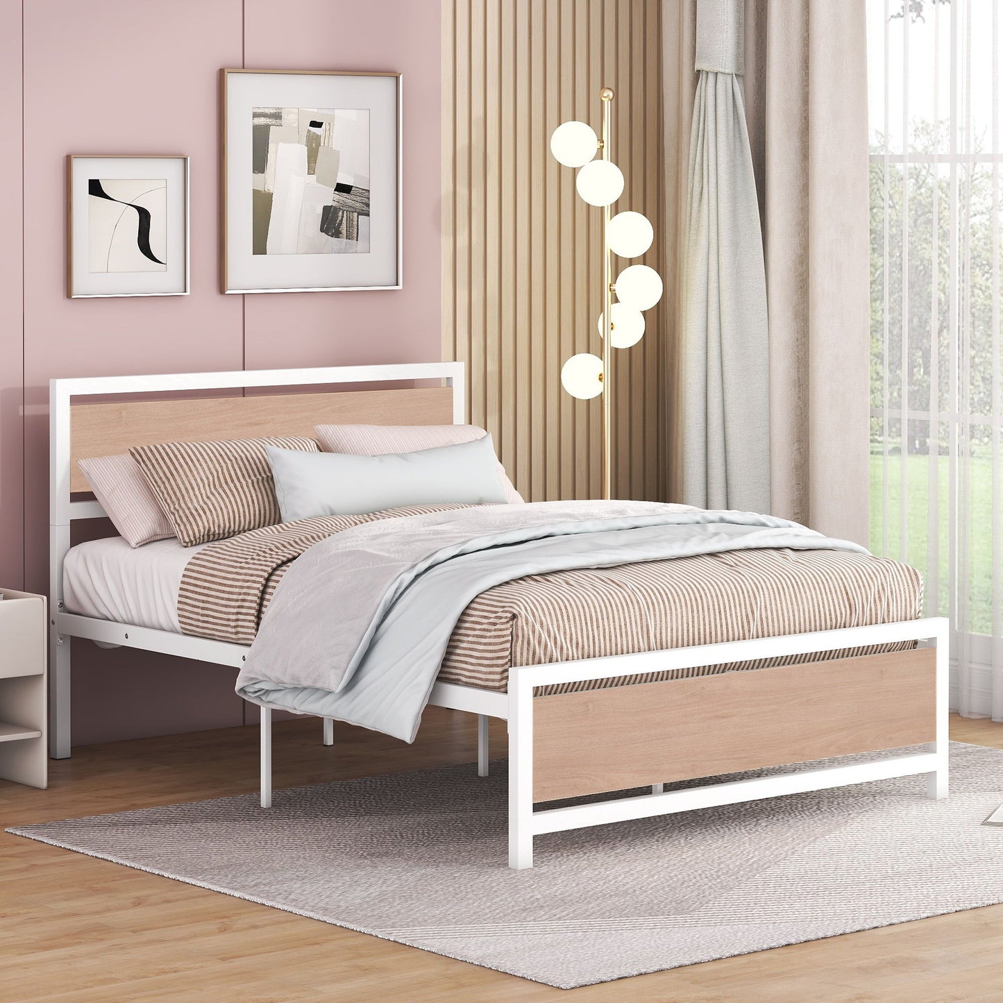 Platform Bed, Metal And Wood Bed Frame With Headboard And Footboard