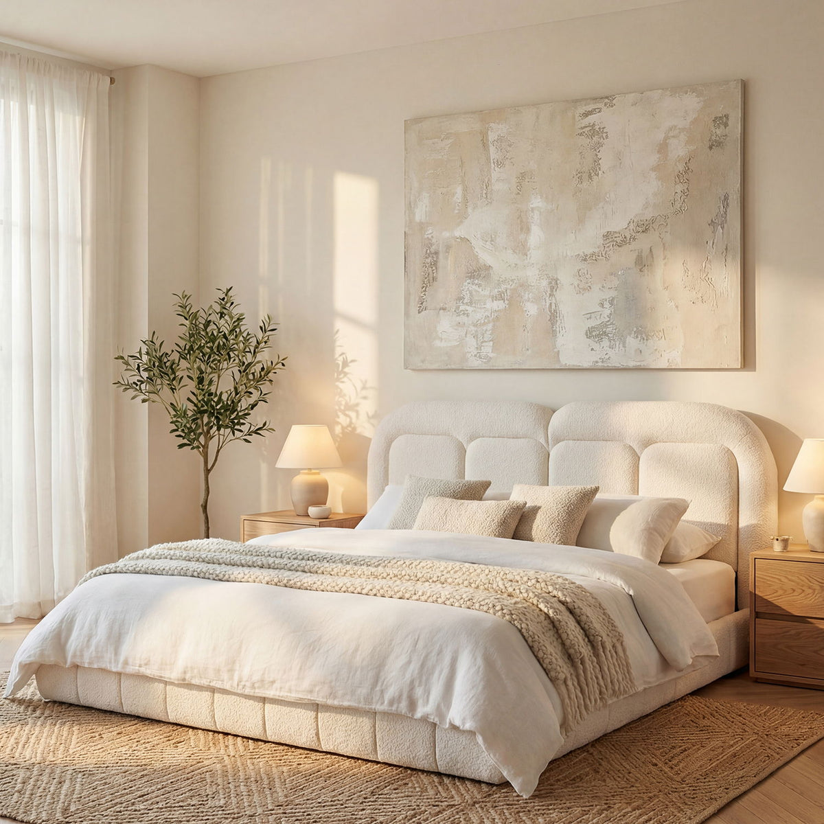Queen Size Upholstered Platform Bed With Tufted Headboard - White