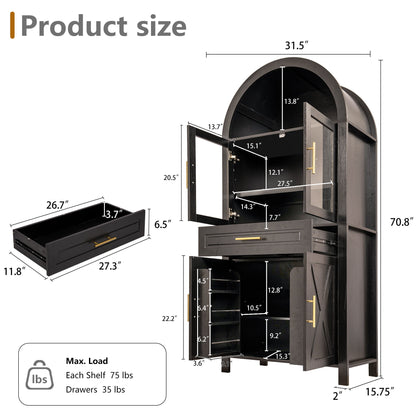 Arched Kitchen Pantry Cabinet With Adjustable Shelves And Barn Door Design