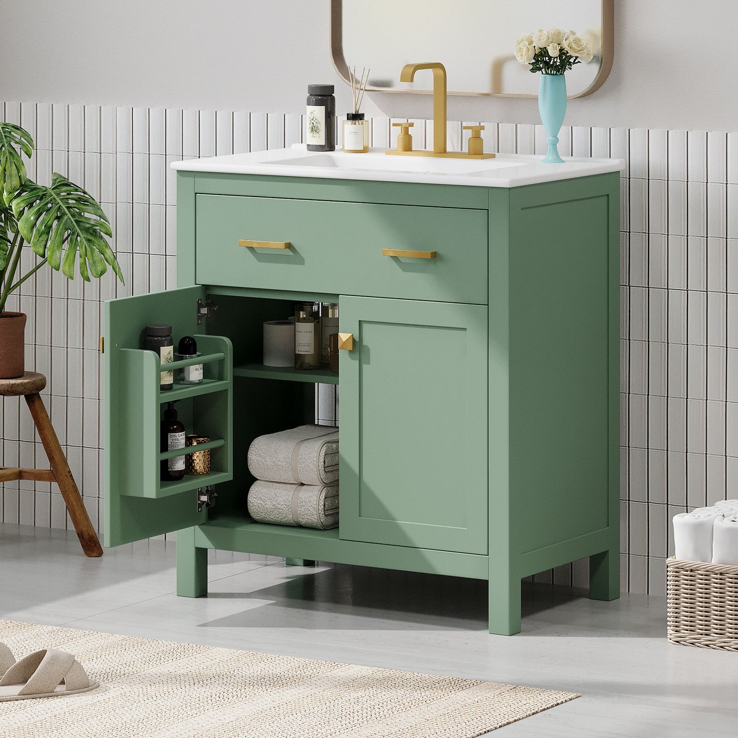 Bathroom Vanity With Ceramic Sink, Modern Single Bathroom Cabinet With 2 Doors And A Shelf, Soft Close Doors