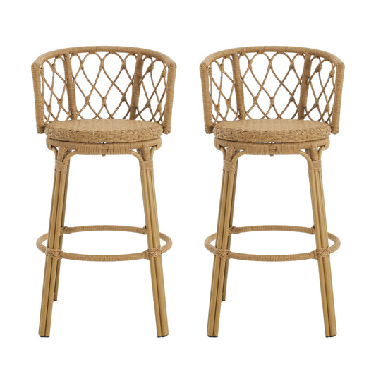 Bohemia - Outdoor Brown Wicker Bar Stool (Set of 2) With Metal Frame And Faux Rattan - Light Brown