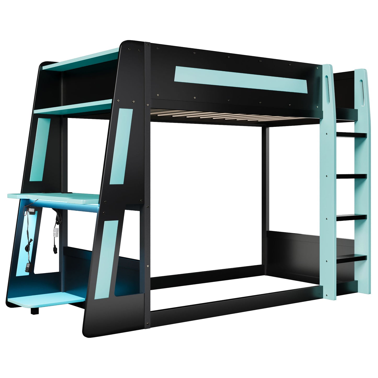 Gaming Bunk Bed With Desk, 2 Storage Shelves, USB And LED Light