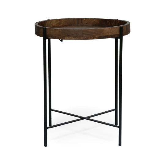 Modern Industrial Round End Table With Tray Top And Foldable Iron Legs - Natural