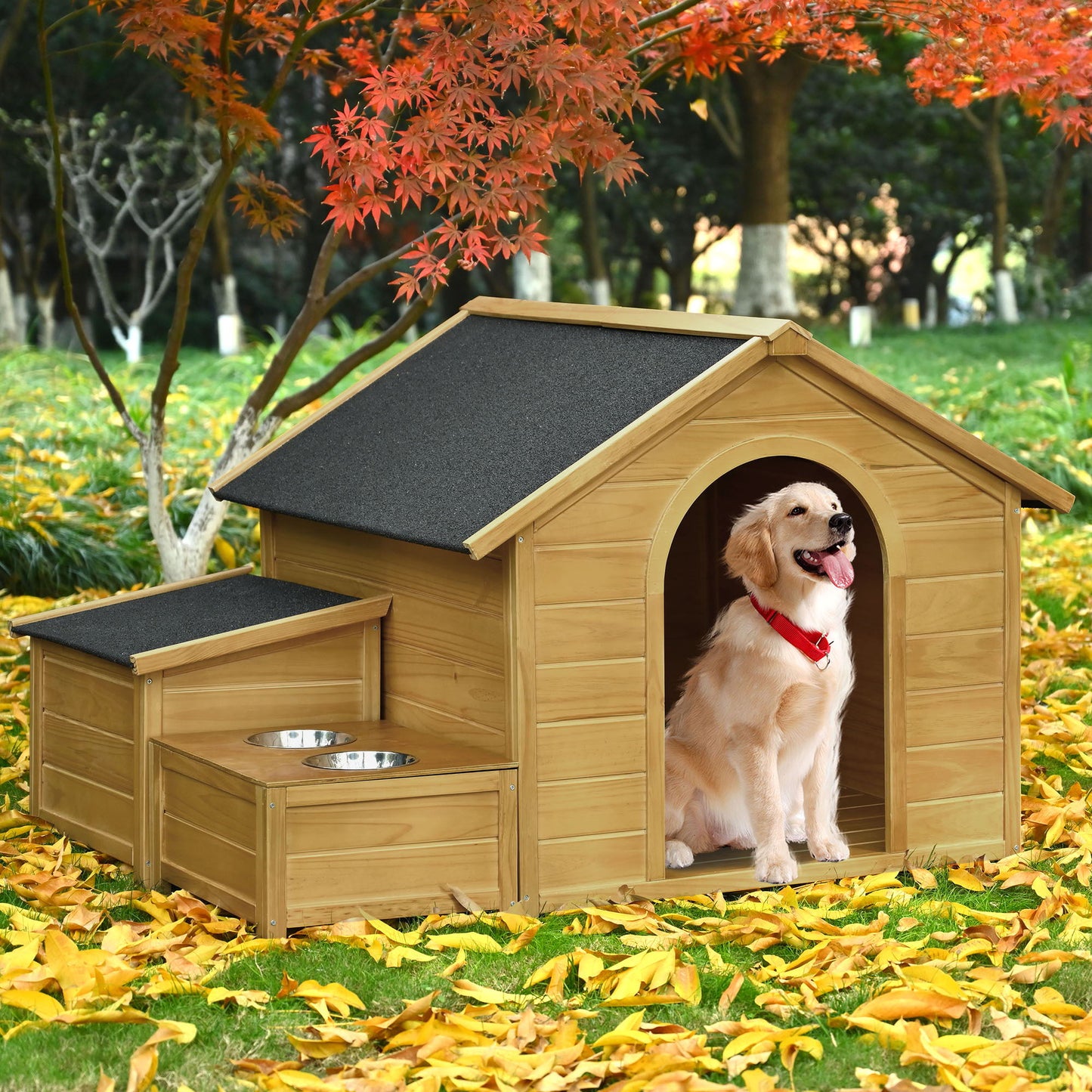 Large Size Wooden Dog House, Dog Crate For Large Dog Breeds, Cabin Style Raised Dog Shelter With Asphalt Roof, Solid Wood, Weatherproof - Nature