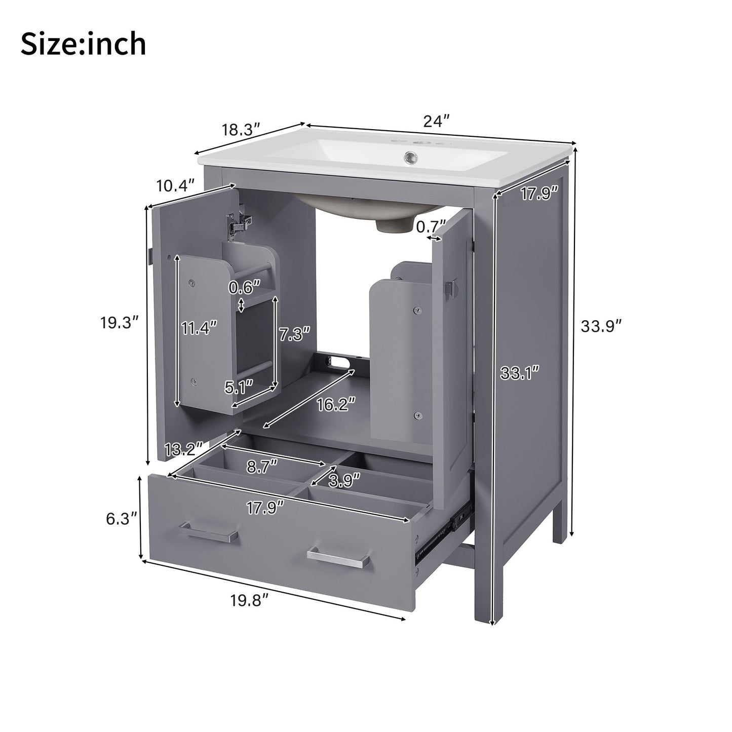 Bathroom Vanity With Integrated Undermount Ceramic Sink, 2 Doors And 1 Drawer, Soft Close Hinges