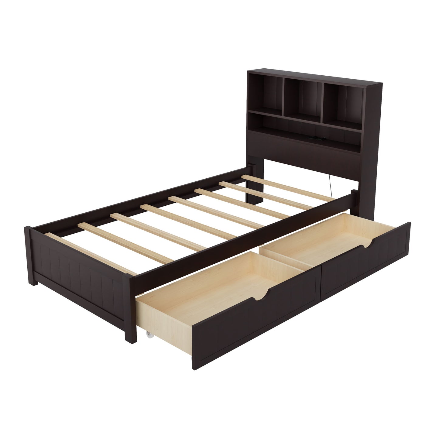 Platform Bed With Bookcase Headboard, Built-In Downlight, Charging Station, And 2 Side Drawers