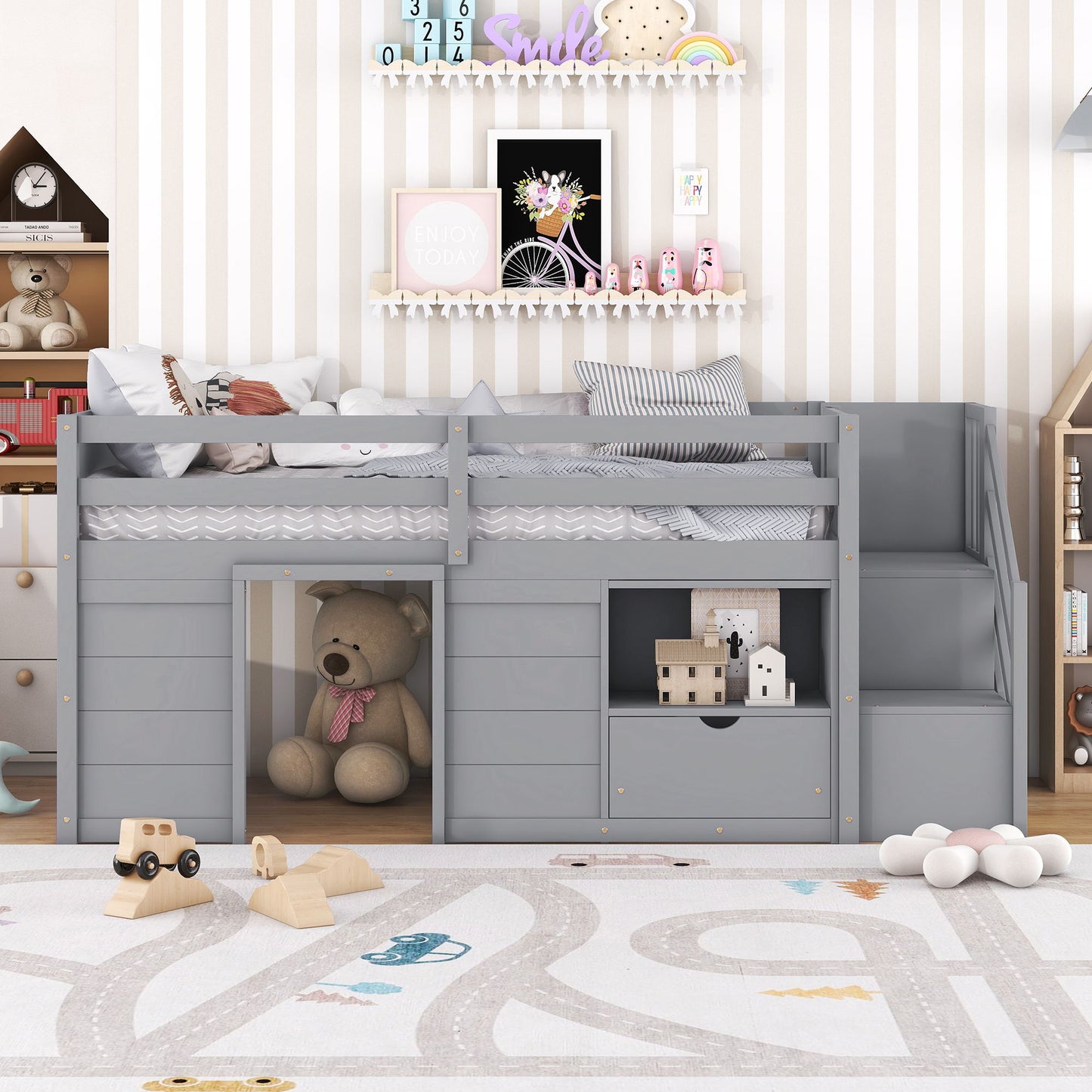Low Loft Bed With Stair, Drawer, And Shelf