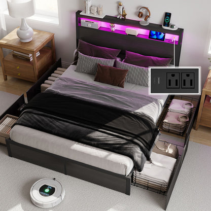 Bed Frame With Headboard, LED Lights & Charging Station