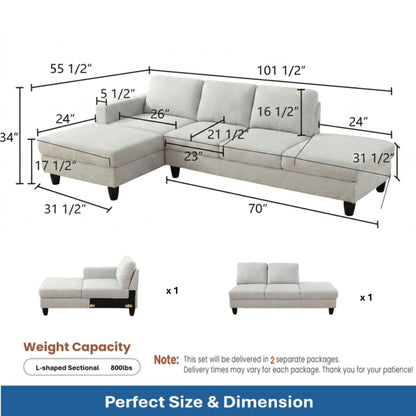 2 Piece L - Shaped Left Chaise Sectional Sofa With Ottoman, Living Room Furniture - White / Gray