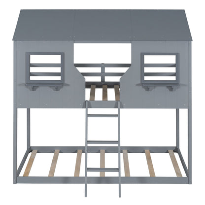 78" Twin Over Twin Bunk Bed Wood Bed With Roof, Window, Guardrail, Ladder - Gray